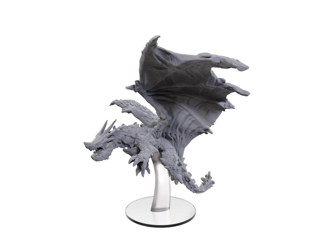 Grey miniature dragon, wings spread, on a clear flight stand