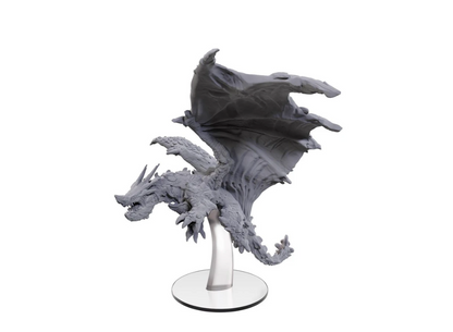 Grey miniature dragon, wings spread, on a clear flight stand