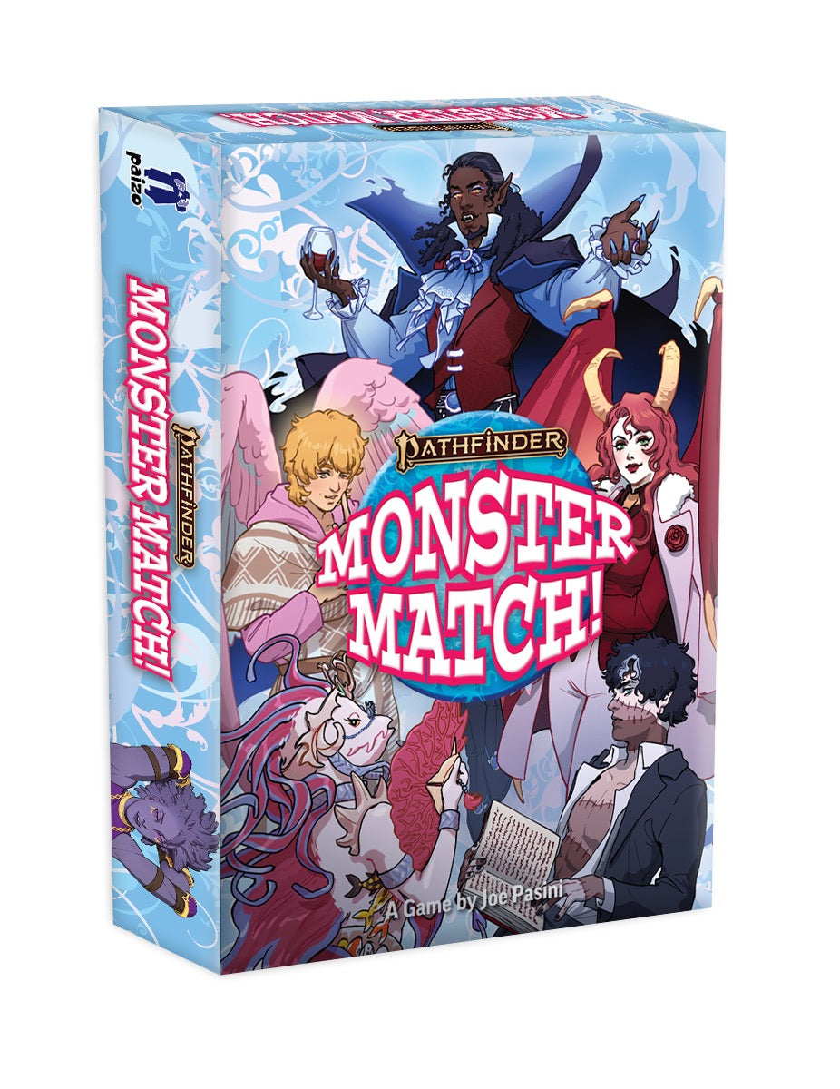 Pathfinder Monster Match! game box. Anime-style art shows diverse monster characters including a vampire, winged angel, and demon