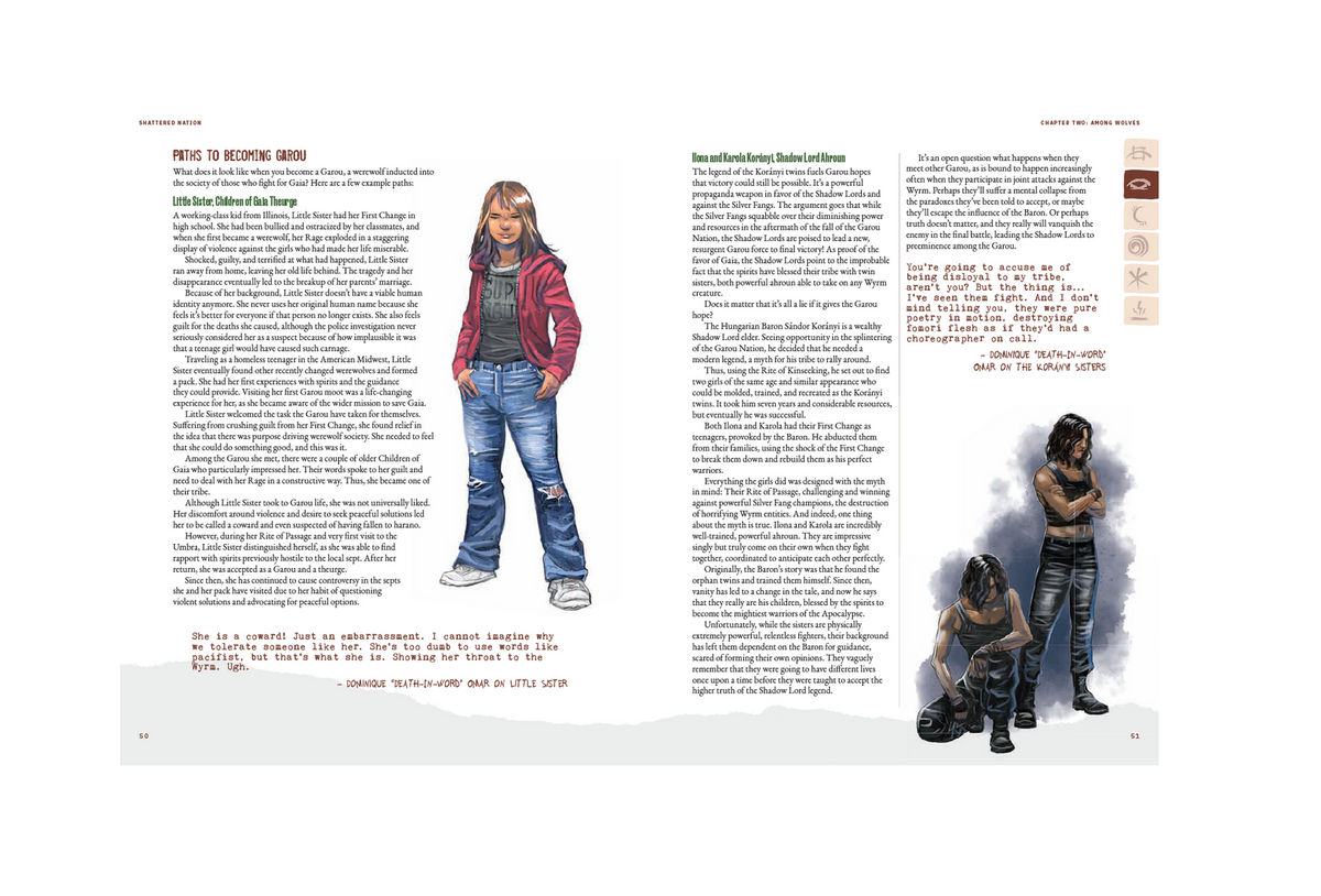 A page showing two female character portraits: a young woman in casual wear and two fierce women in dark combat attire