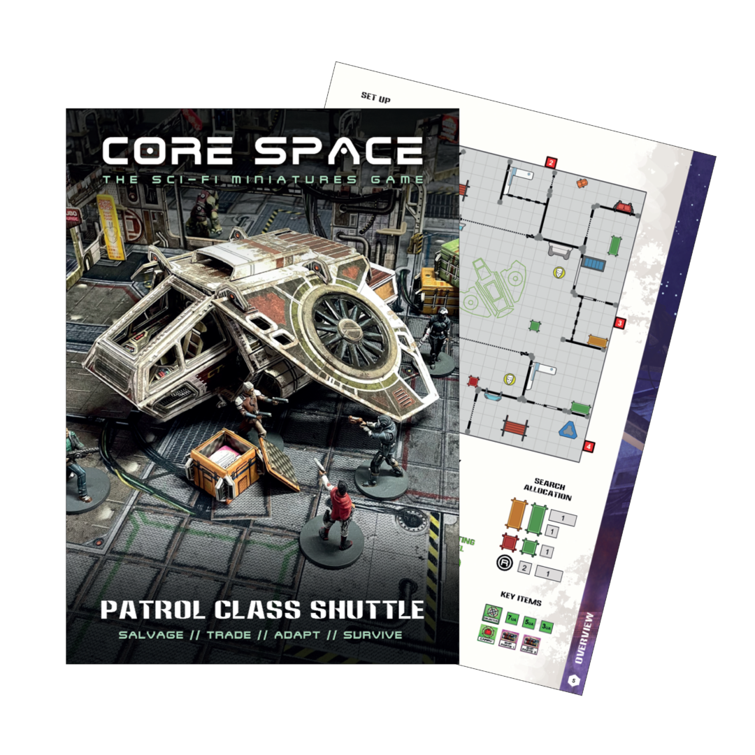 Cover for "Core Space: The Sci-Fi Miniatures Game" showing a futuristic shuttle, character figures and a game map
