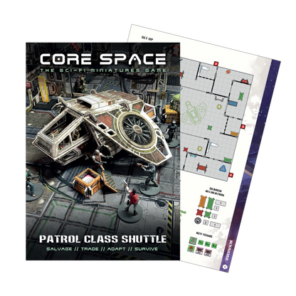 Cover for "Core Space: The Sci-Fi Miniatures Game" showing a futuristic shuttle, character figures and a game map