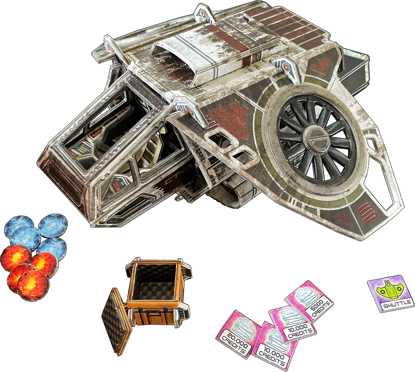 A detailed, rusty futuristic shuttle model with a large propeller, surrounded by board game tokens including resources, cargo and credits