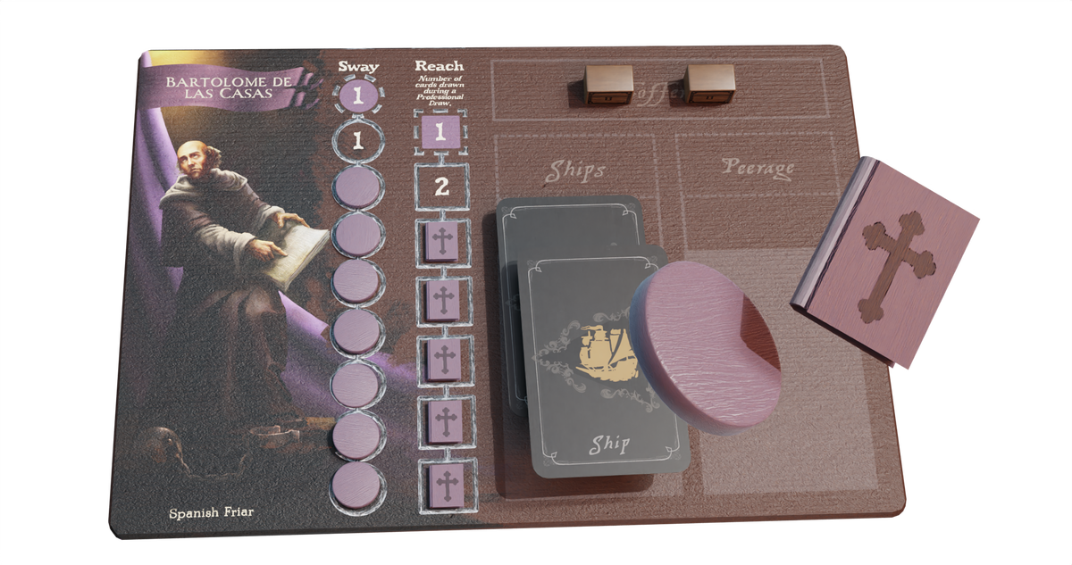 Close-up of a player board from Pax Hispanica Deluxe Edition highlighting player resources and icons