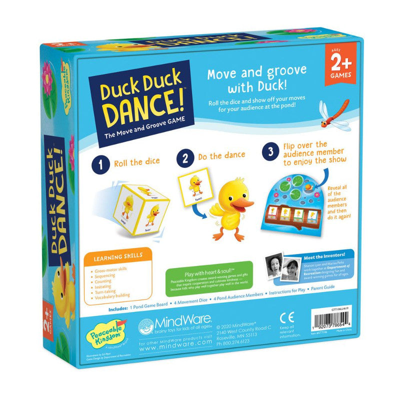 Duck Duck Dance! game box with duck, dice, and pond board