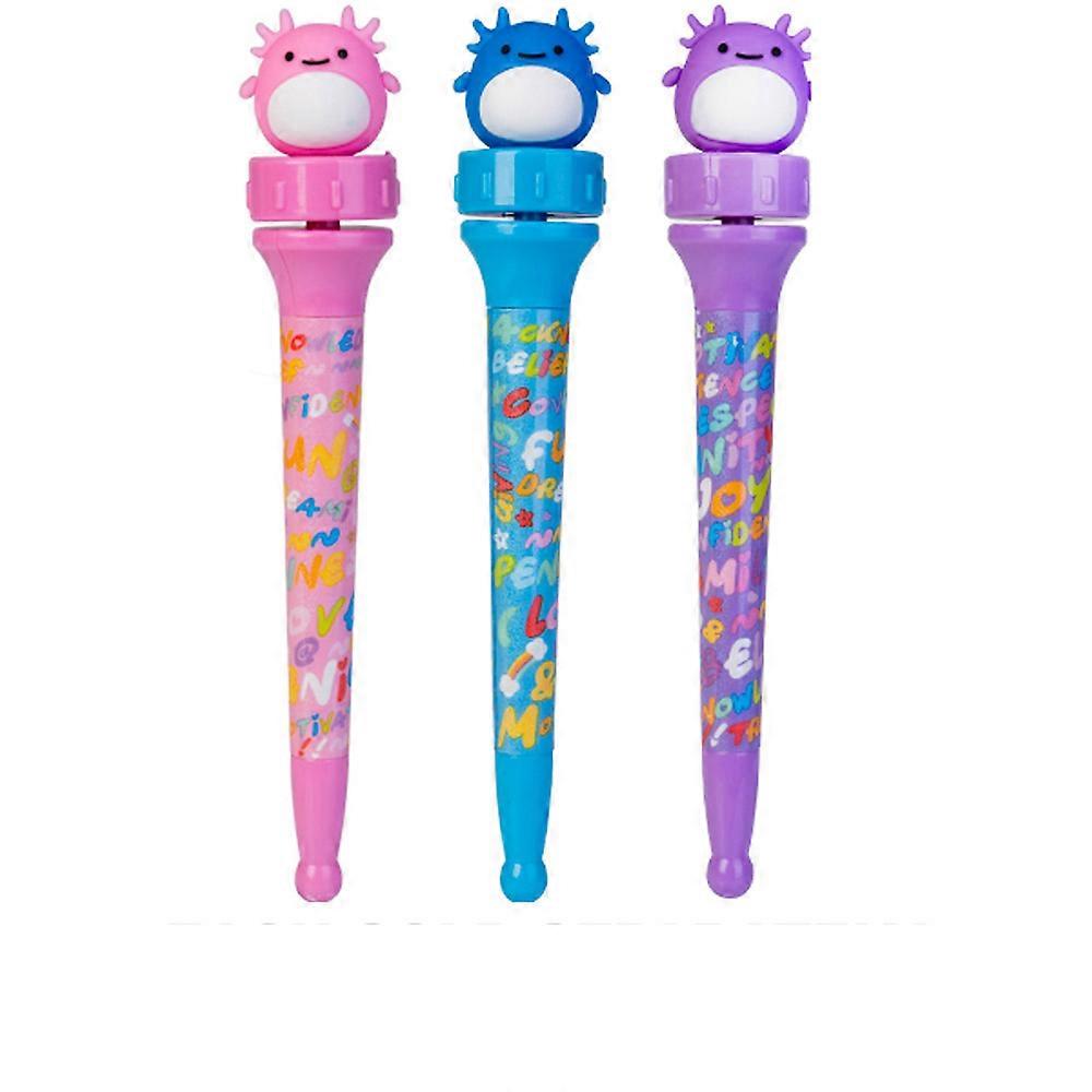 Three colorful novelty pens: pink, blue, purple, each features a matching cartoon creature topper and is decorated with colorful words