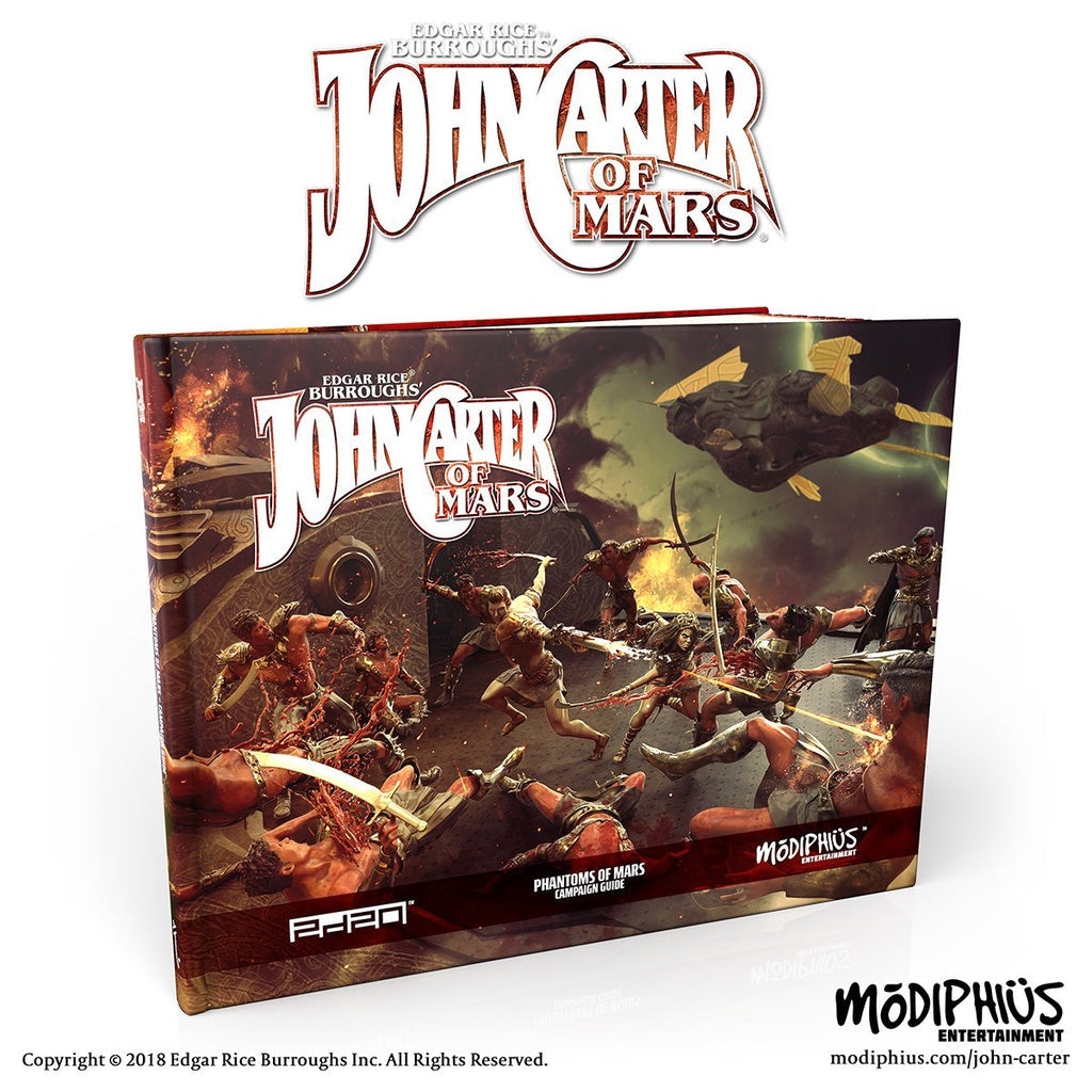 John Carter of Mars campaign guide cover depicts a fierce battle among diverse warriors on a fiery Martian landscape with a flying ship