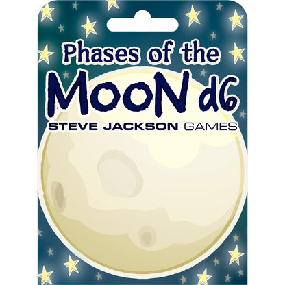 Packaging for 'Phases of the Moon d6' from Steve Jackson Games, featuring a full moon and stars