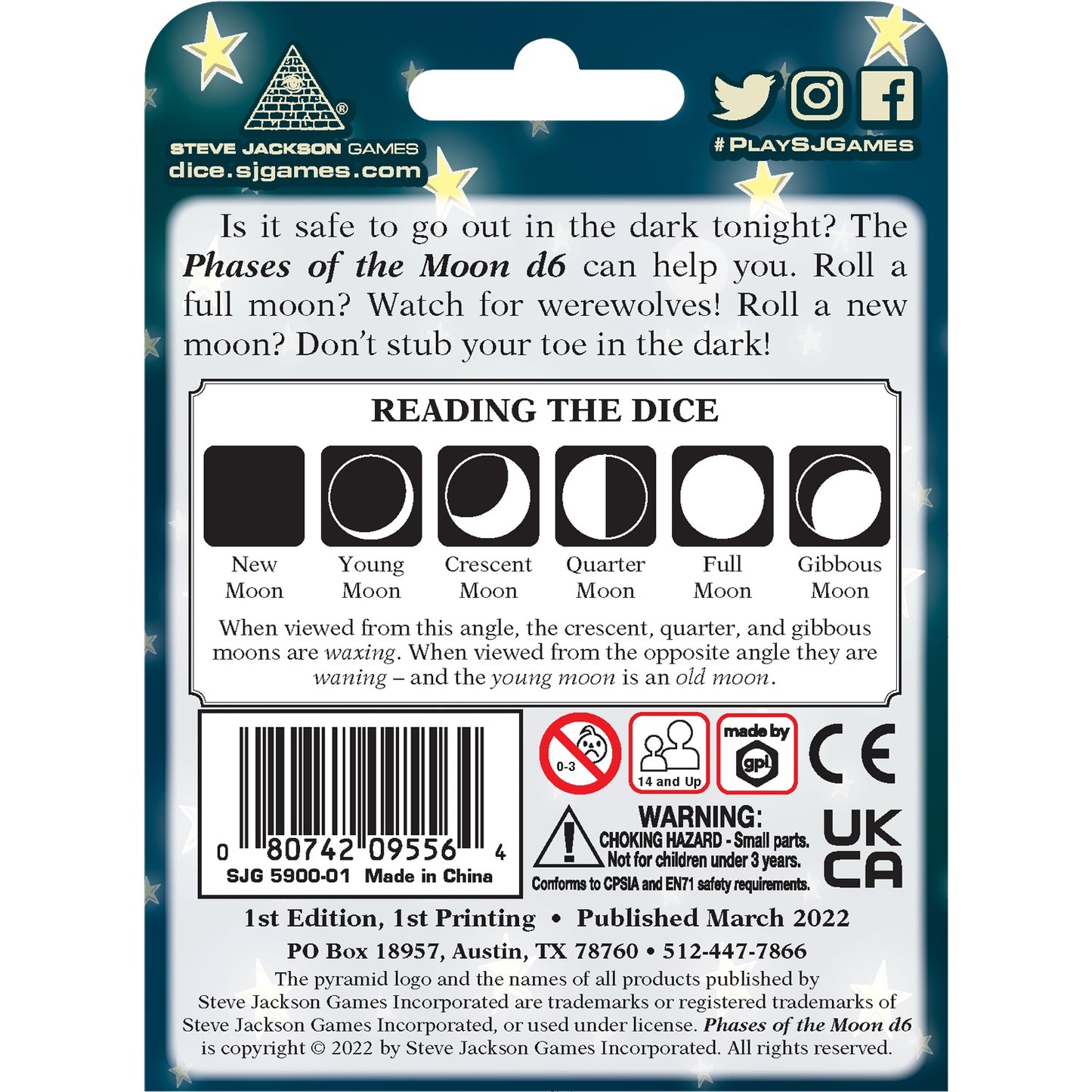 Back of "Phases of the Moon d6" dice packaging, displaying moon phase icons, werewolf text, barcode, and warnings