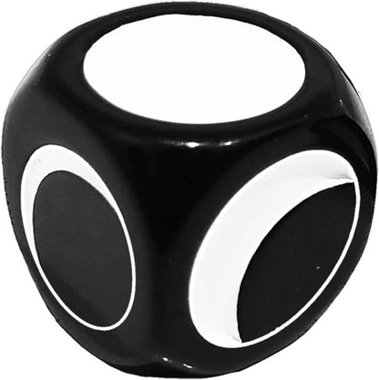 Black rounded die showing white-rimmed pips for 1, 2, and 3