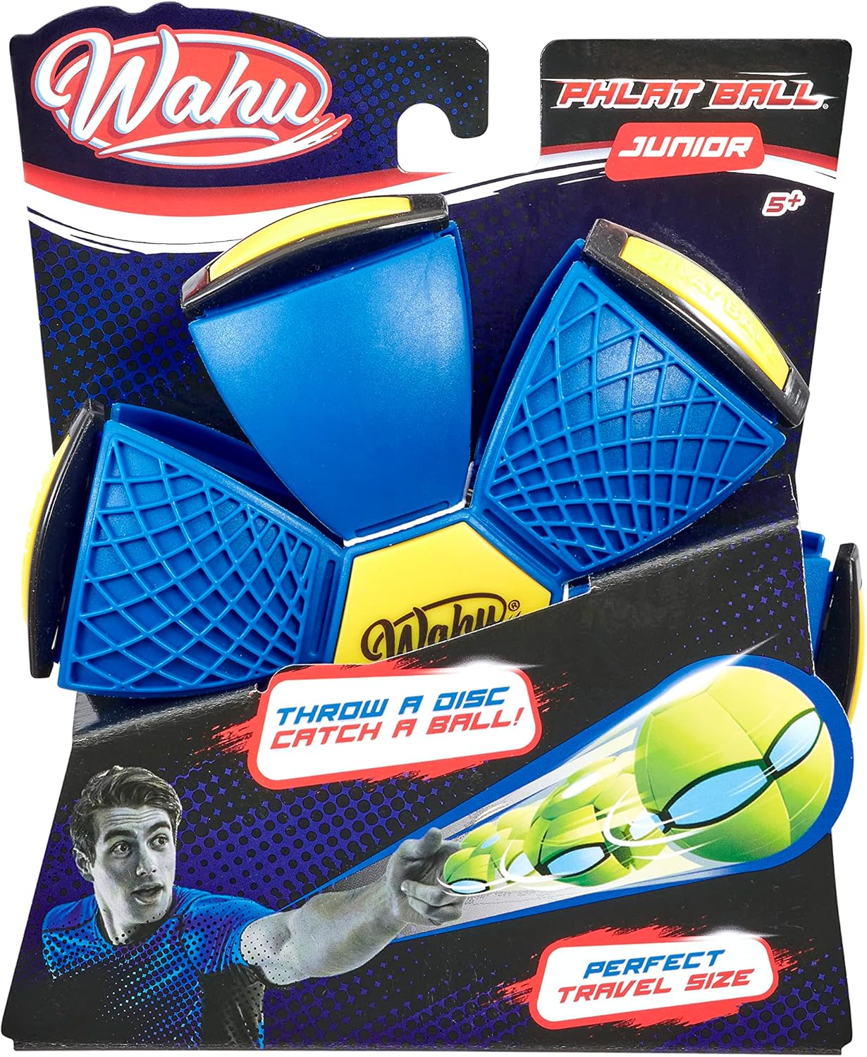 Wahu Phlat Ball Junior: a blue and yellow collapsible disc transforming into a ball, in packaging with a man throwing it