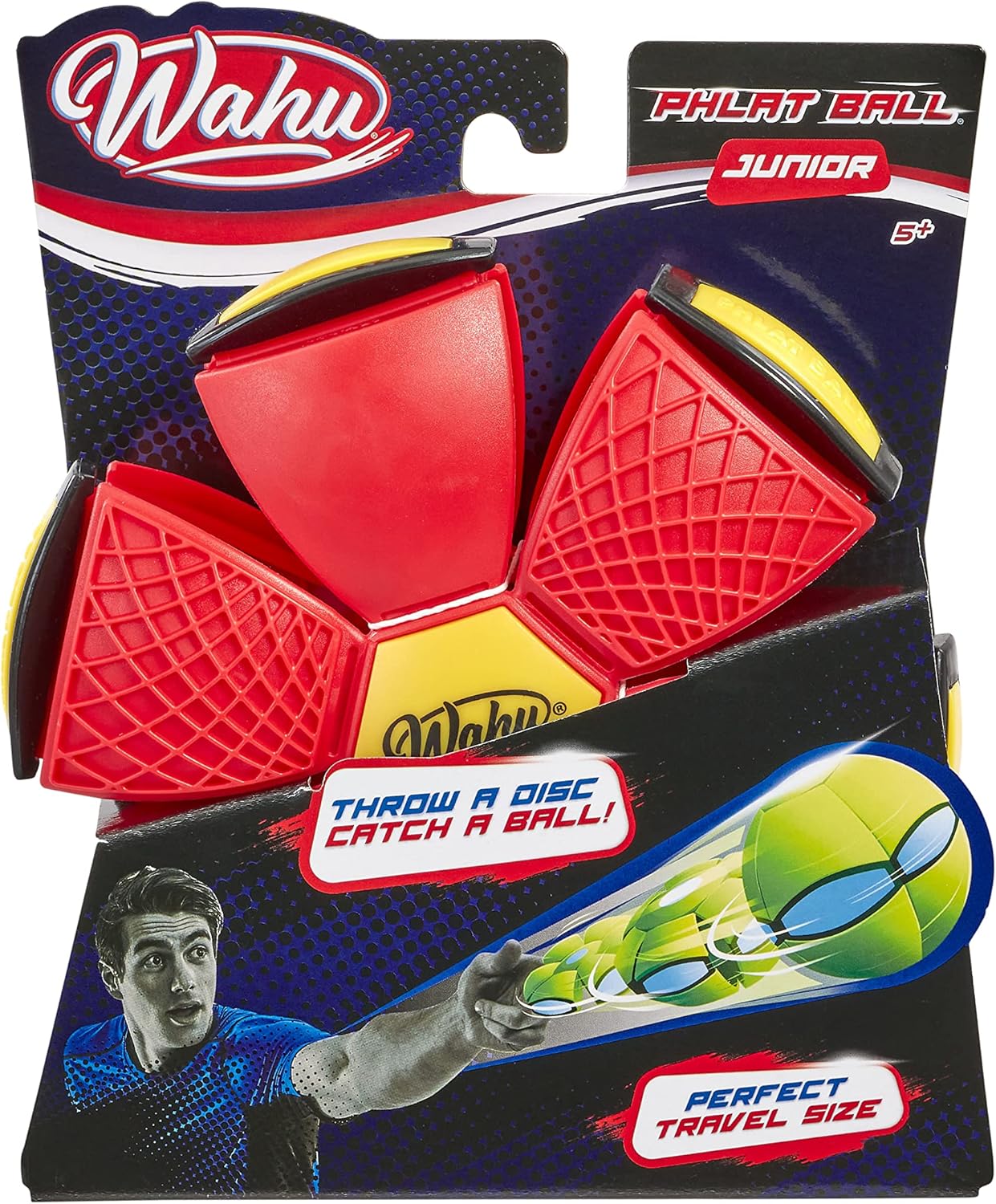 Packaged Wahu Phlat Ball Junior, a red and yellow toy that transforms from disc to ball