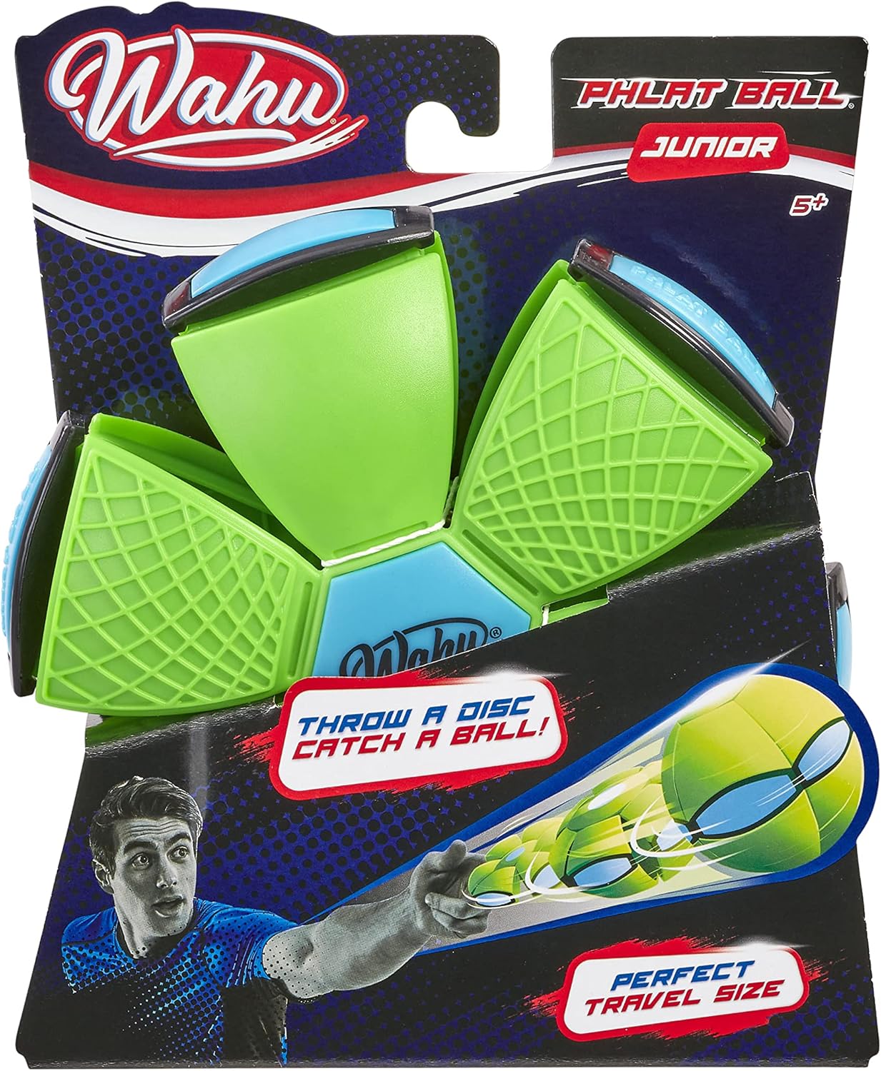 Wahu Phlat Ball Junior in packaging: a green and blue toy that transforms from a disc into a ball when thrown
