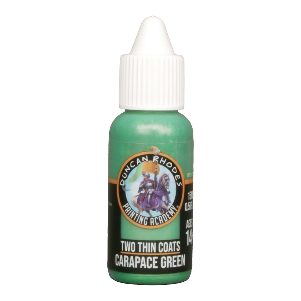 A green Duncan Rhodes Two Thin Coats Carapace Green hobby paint bottle with a white dropper cap