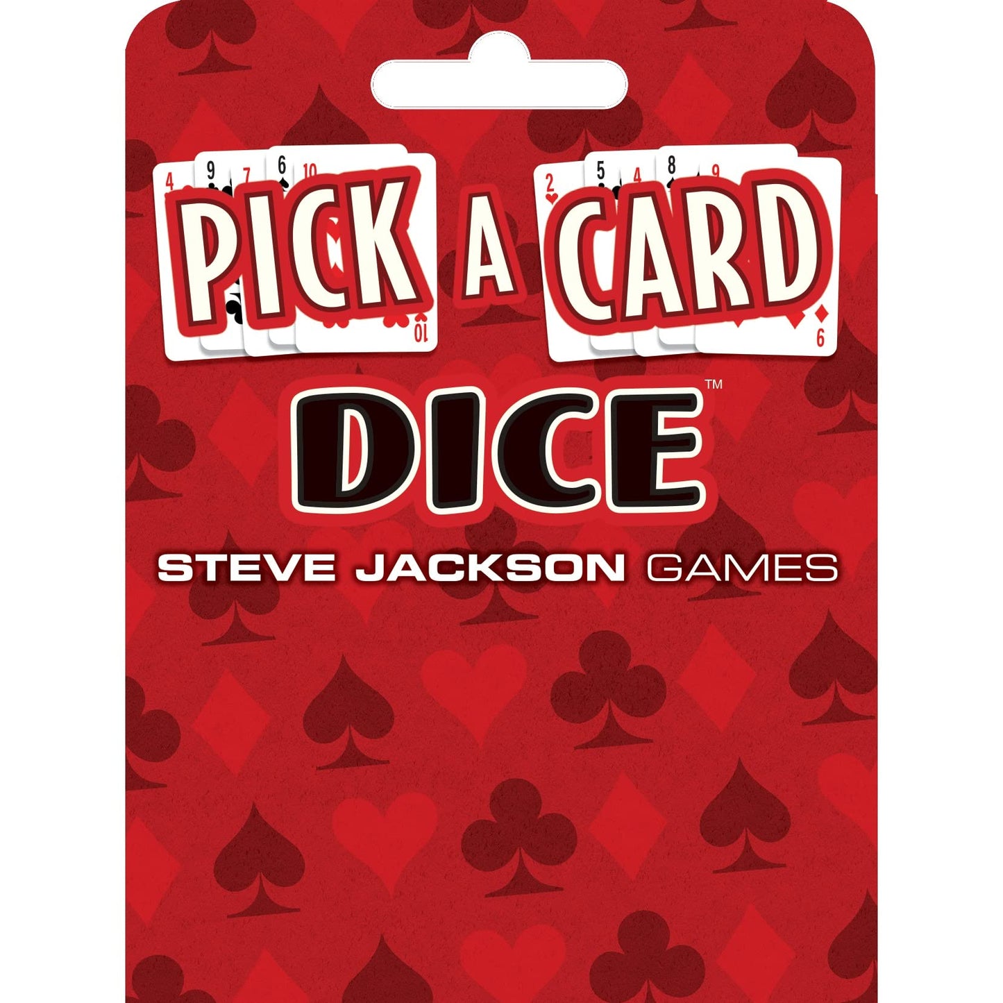 Red game packaging for Pick a Card Dice featuring a background pattern of card suits and the title on white playing cards