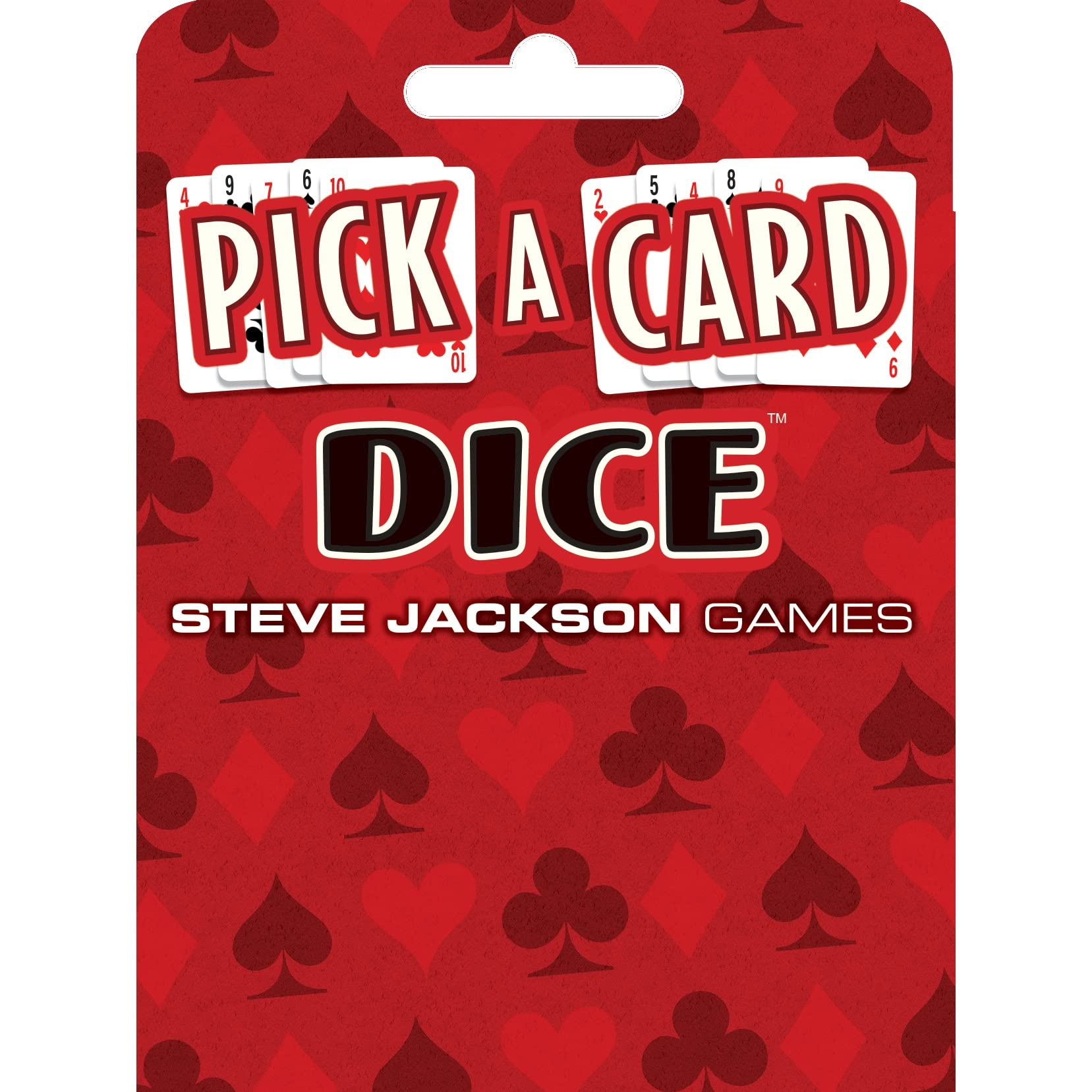 Red game packaging for Pick a Card Dice featuring a background pattern of card suits and the title on white playing cards