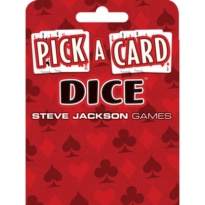 Red game packaging for Pick a Card Dice featuring a background pattern of card suits and the title on white playing cards