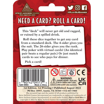 The back of a Pick a Card Dice package shows a white panel with game instructions and a barcode on a red background with card suit patterns
