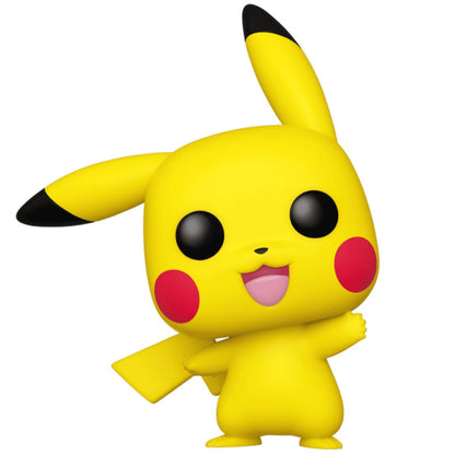 Stylized yellow Pikachu vinyl figure with black eyes and red cheeks, smiling and waving
