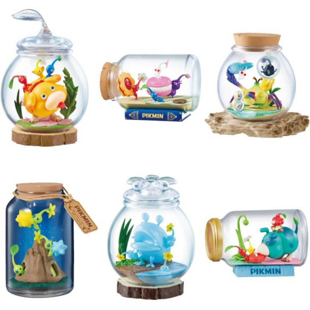 Six detailed Pikmin miniature scenes in clear glass jars and bottles, featuring colorful characters like Bulborb and Oatchi