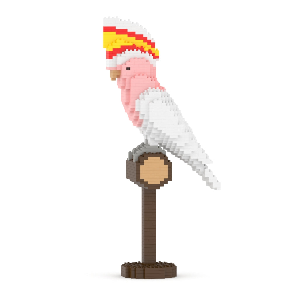 Voxel pink and white cockatoo with red/yellow crest, perched on a brown stand