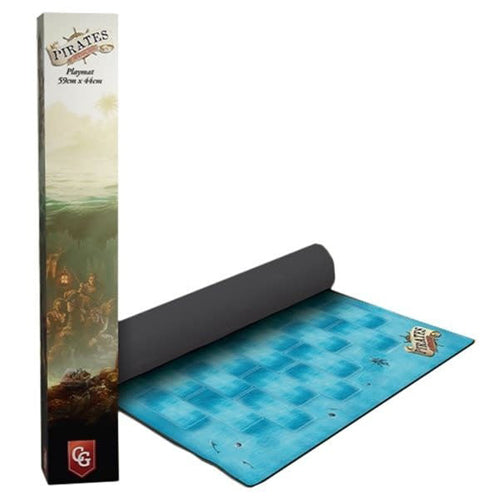 Pirates of Maracaibo playmat, blue grid pattern, rolled next to its box
