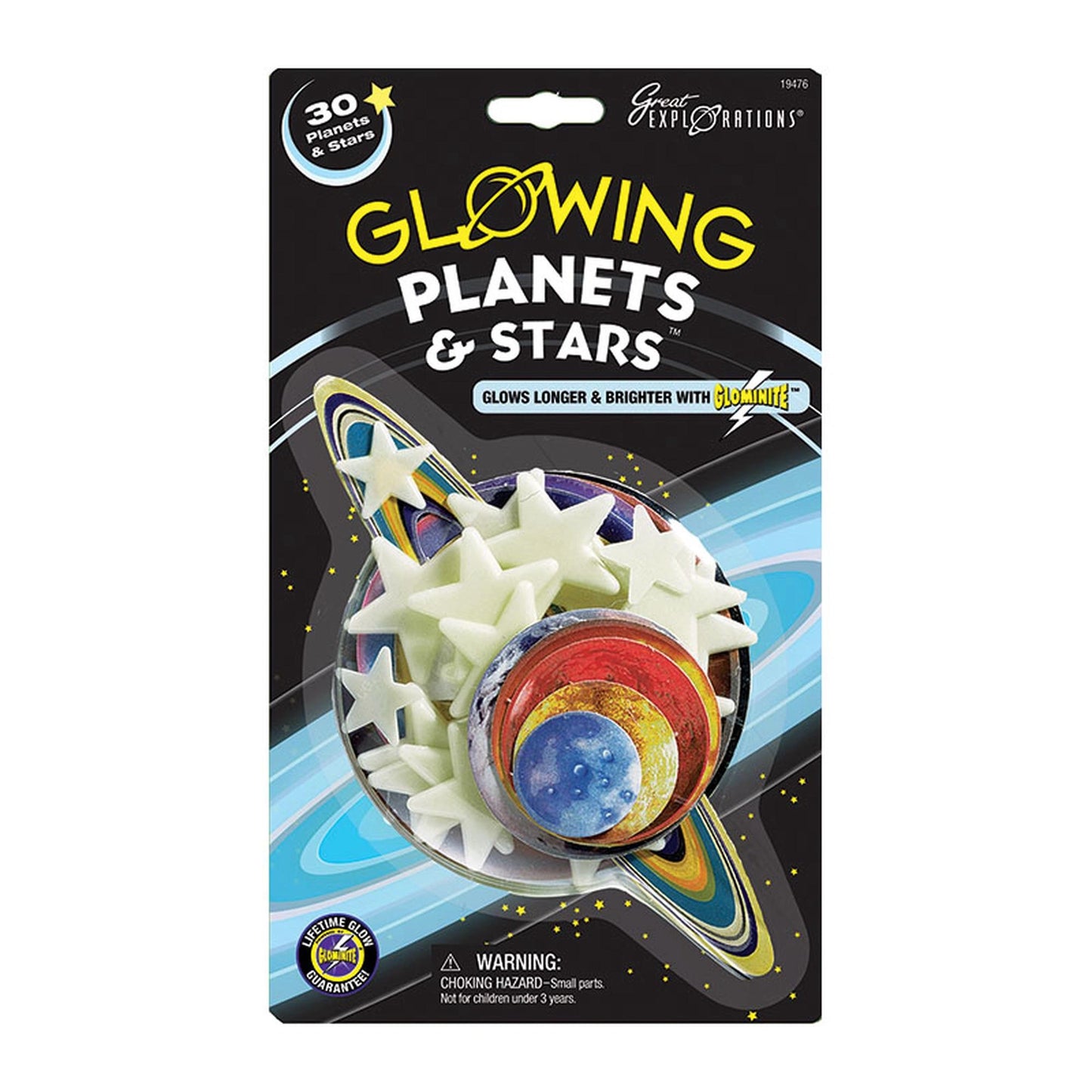 Retail package showing 30 glow-in-the-dark stars and planet decals, titled "Glowing Planets & Stars."