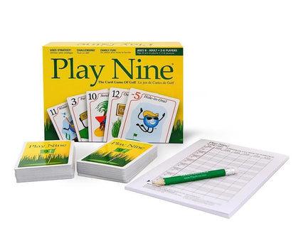 Play Nine golf card game set: yellow box, fanned golf-themed character cards, two decks, scorepad, and pencil.