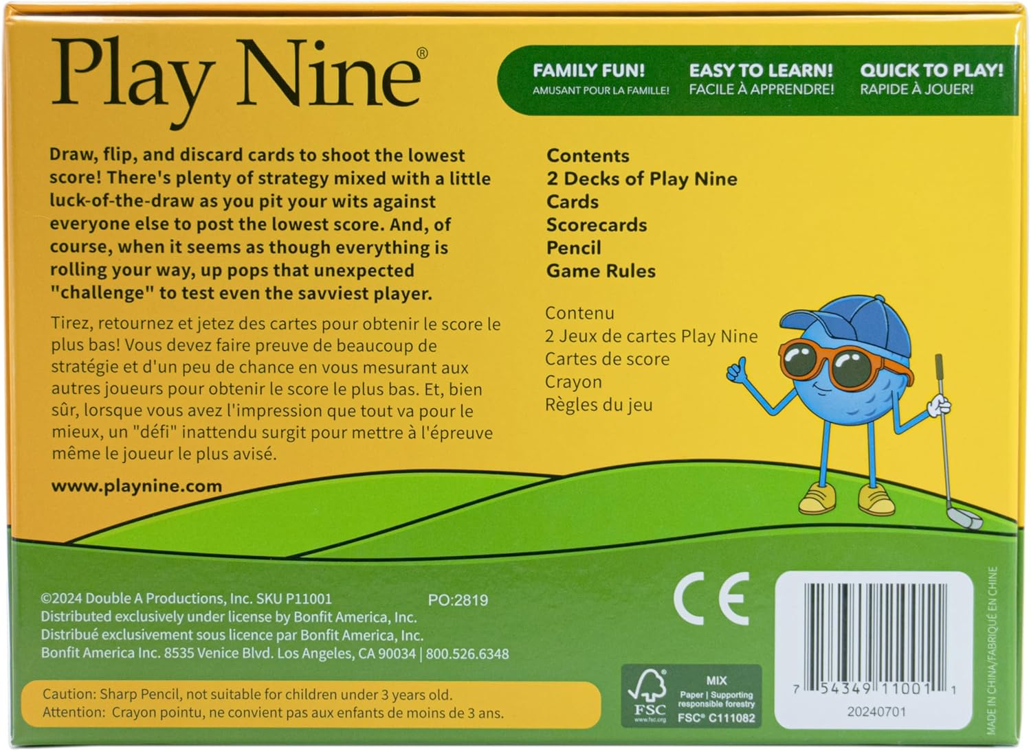 Play Nine game box with game description, contents list, and a blue cartoon golf ball golfer holding a club.