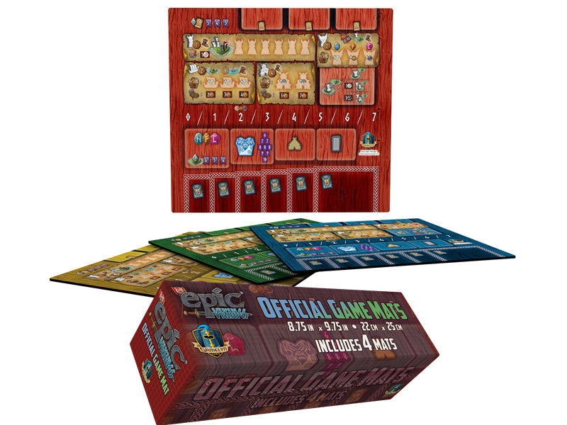 Tiny Epic Vikings player mats with game box