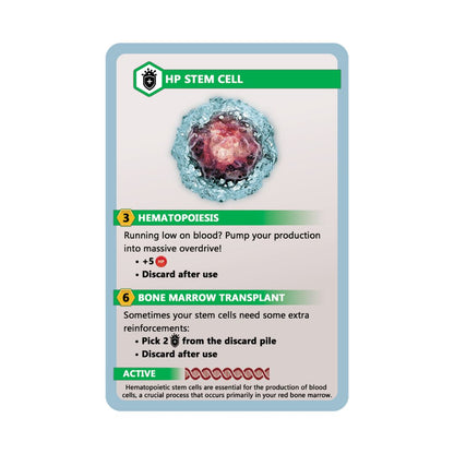 Game card with a detailed image of an HP stem cell, showing its red nucleus and translucent blue bubbly outer layer