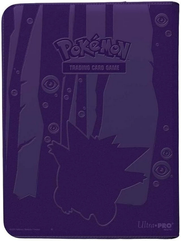 Dark purple Pokemon TCG binder with an embossed Gengar and ghostly eye design