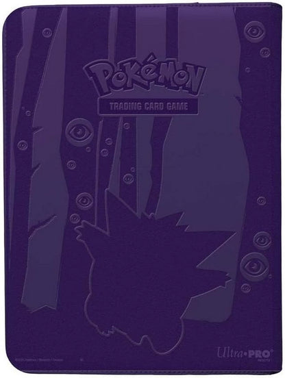 Dark purple Pokemon TCG binder with an embossed Gengar and ghostly eye design