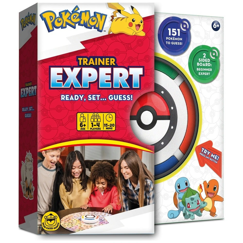 Packaging for the Pokemon Trainer Expert guessing game, featuring Pikachu and children playing