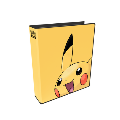 Yellow Pokémon TCG binder featuring Pikachu's face peeking from the side with a happy expression