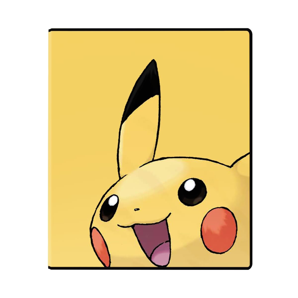 Close-up of a happy yellow Pikachu with red cheeks and black-tipped ears, smiling with an open mouth, partially visible from the bottom and right