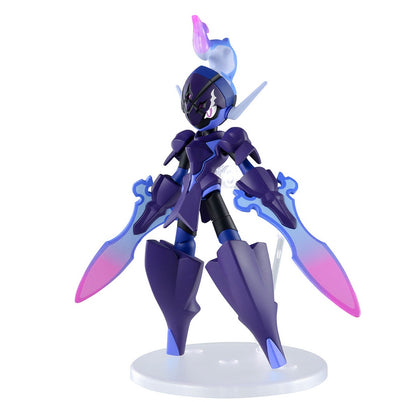 A purple armored action figure with glowing blue and pink swords, standing on a clear display stand