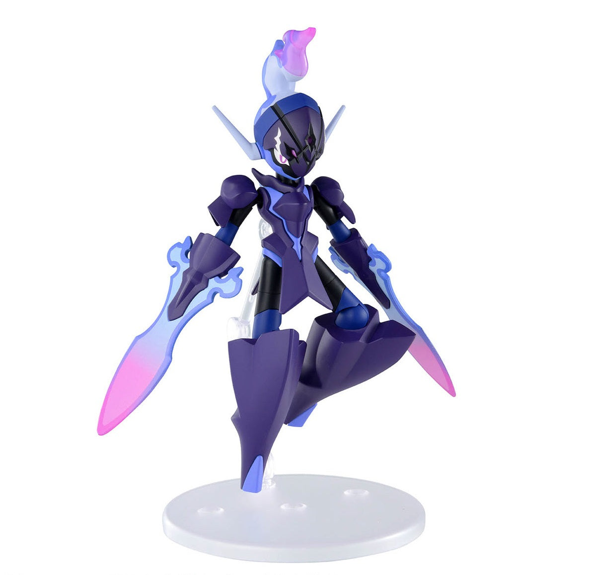 Dark purple robot-like figure with glowing pink eyes and a flame crest, holding two blue-pink energy swords