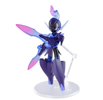 Purple armored figure wielding a glowing pink and blue sword, posed dynamically on a clear display stand