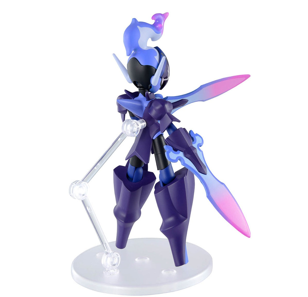 Purple and blue futuristic robot action figure with pink-tipped blades and a flame-like head, posed on a clear stand