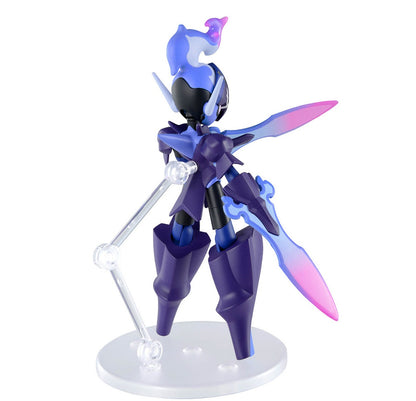 Purple and blue futuristic robot action figure with pink-tipped blades and a flame-like head, posed on a clear stand