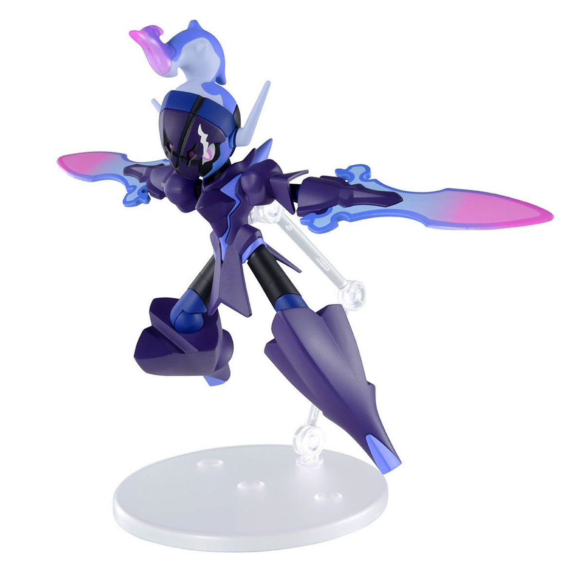 Dark purple robot action figure with glowing pink and blue swords, posed dynamically on a clear stand