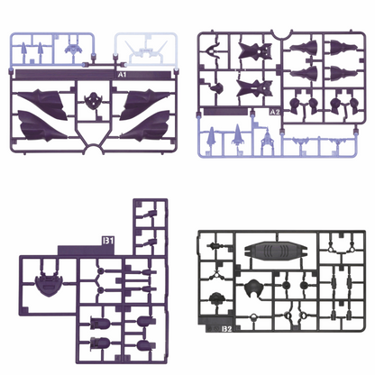 Four plastic model kit sprues displaying various purple, light blue, and dark gray parts, labeled A1, A2, I31, I32