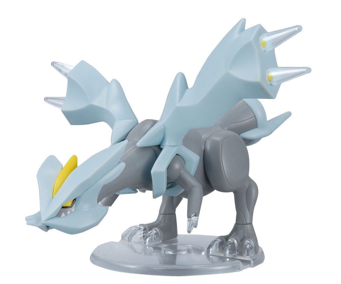 A light blue and gray Kyurem Pokemon figure, with yellow details and ice spikes, stands head down on a clear base