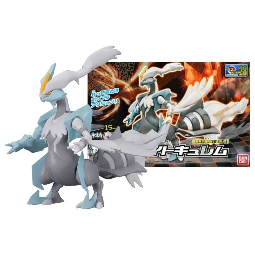 White Kyurem Pokemon figure, light blue and grey, stands beside its product box