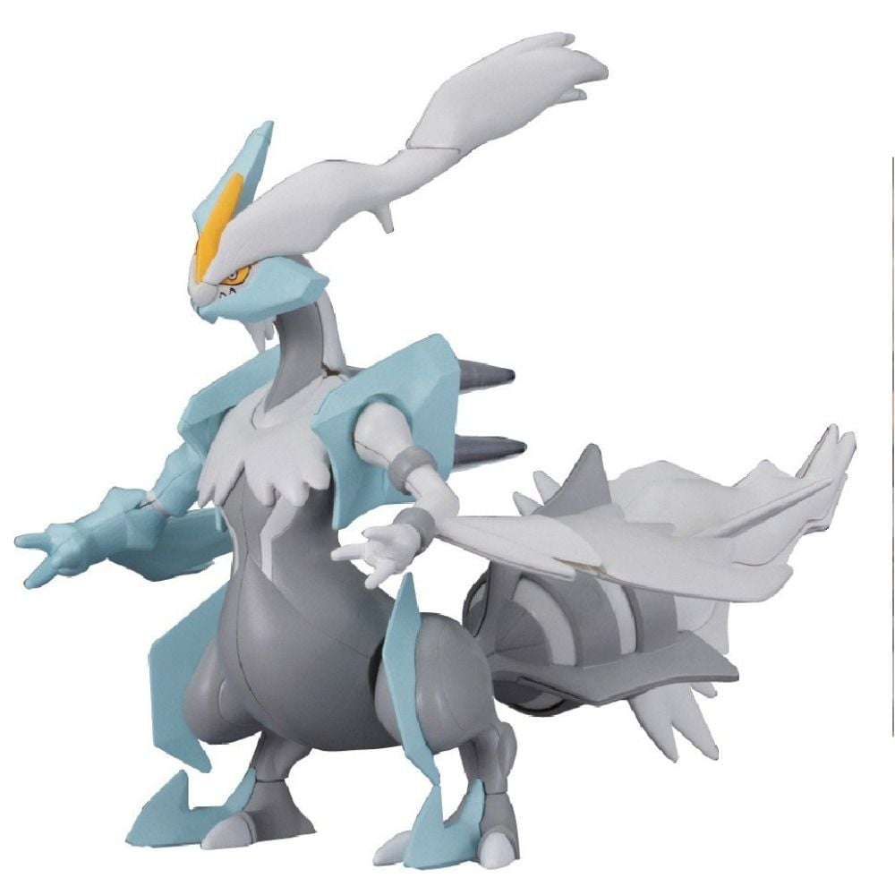 White Kyurem Pokemon figure, white, light blue, and gray, stands posed facing left on a white background