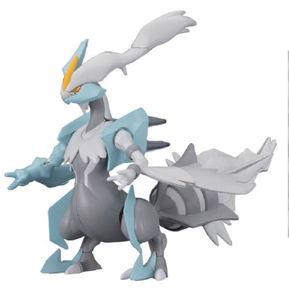 White Kyurem Pokemon figure, white, light blue, and gray, stands posed facing left on a white background