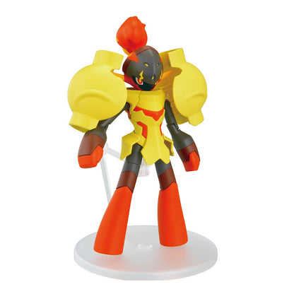 An armored yellow, black, and orange figure with large shoulder pads and a flame crest stands on a clear base