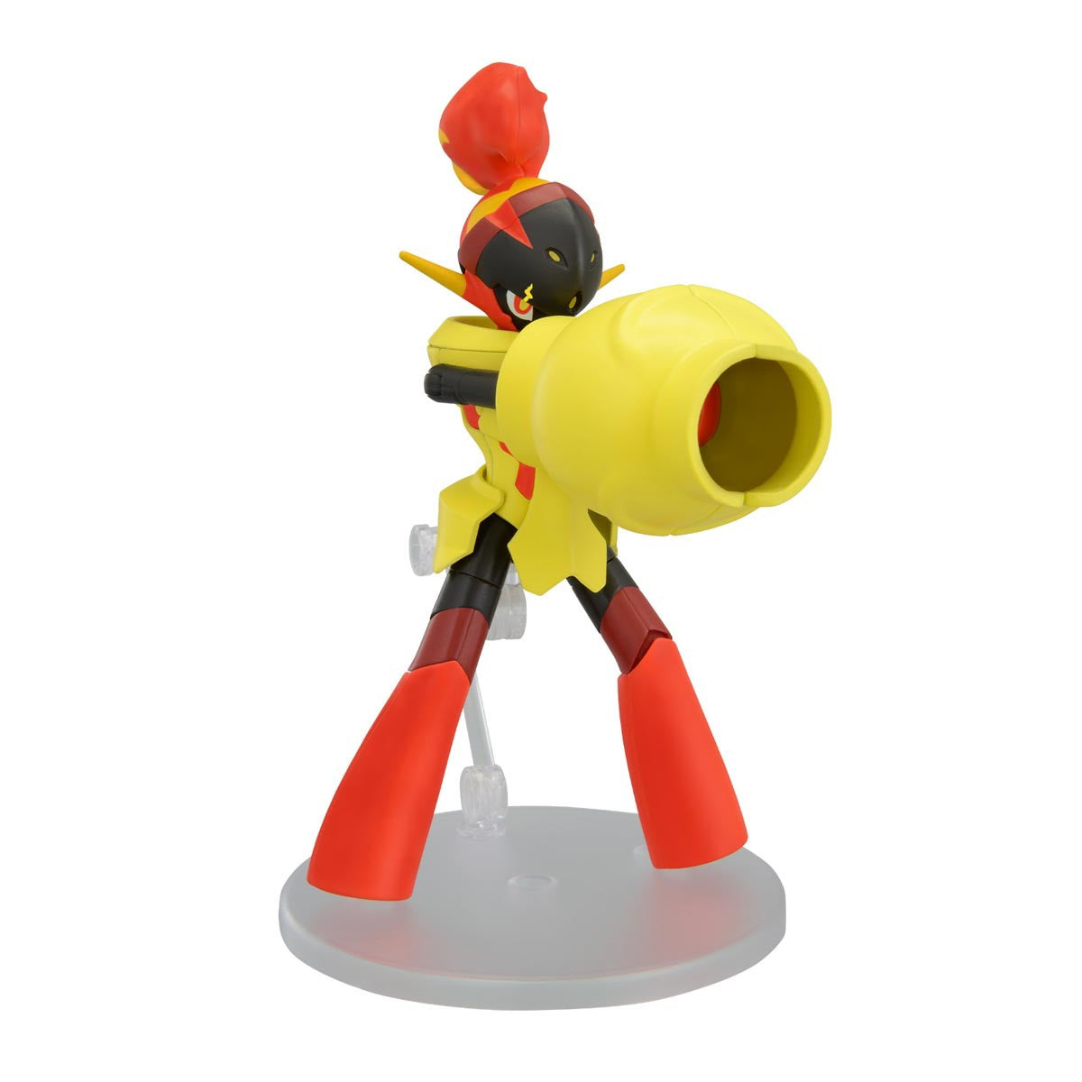 Red, black, and yellow Armarouge figure on a clear base, pointing a yellow arm cannon forward