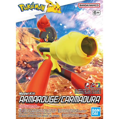 Pokemon Armarouge model kit, yellow and red, with a large cannon for an arm, ready for battle
